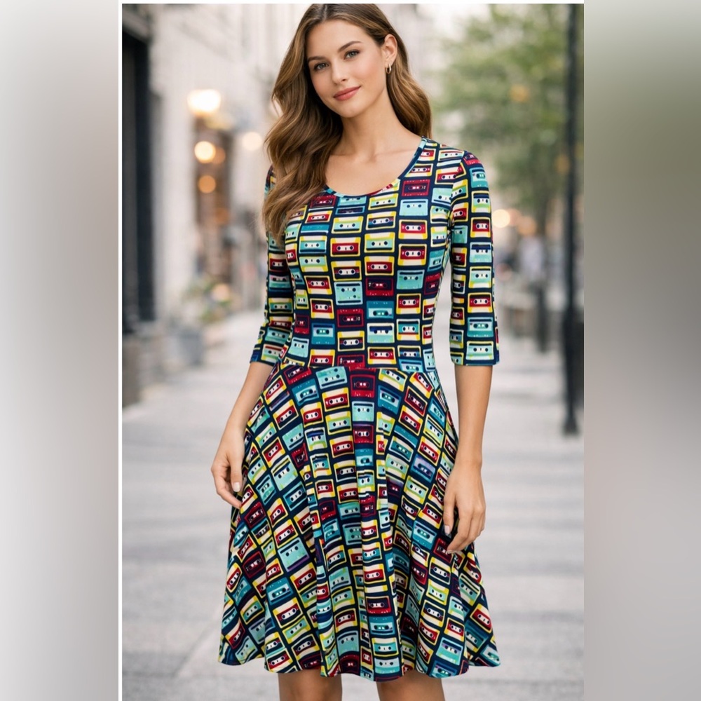 LuLaRoe Carly Cassette Tape Print Fit & Flare Dress XS Retro Music Novelty